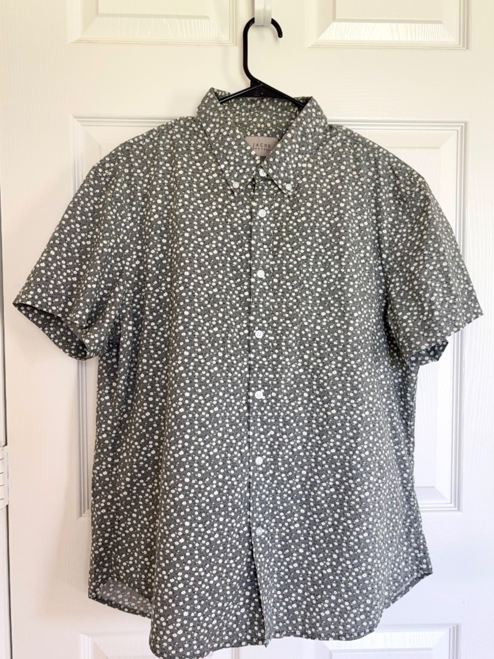 Jachs New York Mens M Floral Cotton Stretch Shirt Short Sleeve Gray Button Down